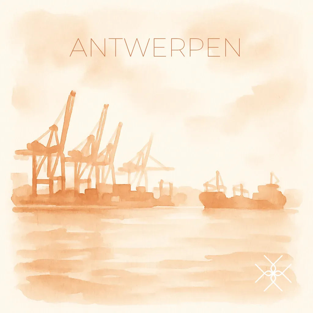 Antwerpen in orangefarbenem Aquarell – Uhrenrolle ANTWERPEN – uhrenrolle