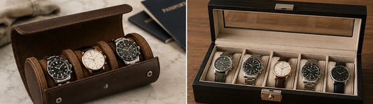 Vergleich einer Leder-Uhrenrolle für Reisen und einer Uhrenbox für die Aufbewahrung mehrerer Armbanduhren zuhause.