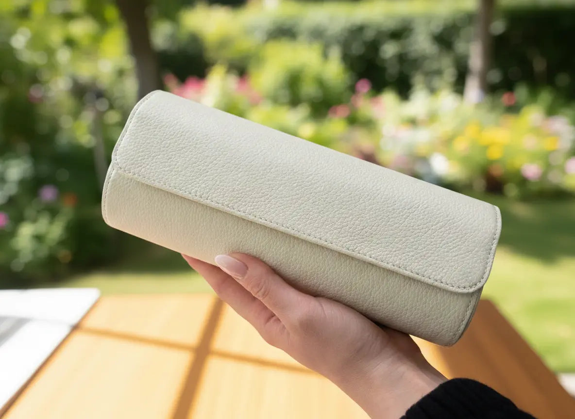 Detailansicht einer eleganten, cremefarbenen Leder-Uhrenrolle, die in einer Hand gehalten wird, mit einem leicht unscharfen Garten im Hintergrund. Das Bild zeigt die Textur und Qualität des Leders und stammt aus einer Kundenbewertung.