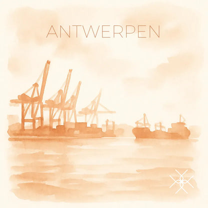 Antwerpen in orangefarbenem Aquarell – Uhrenrolle ANTWERPEN – uhrenrolle