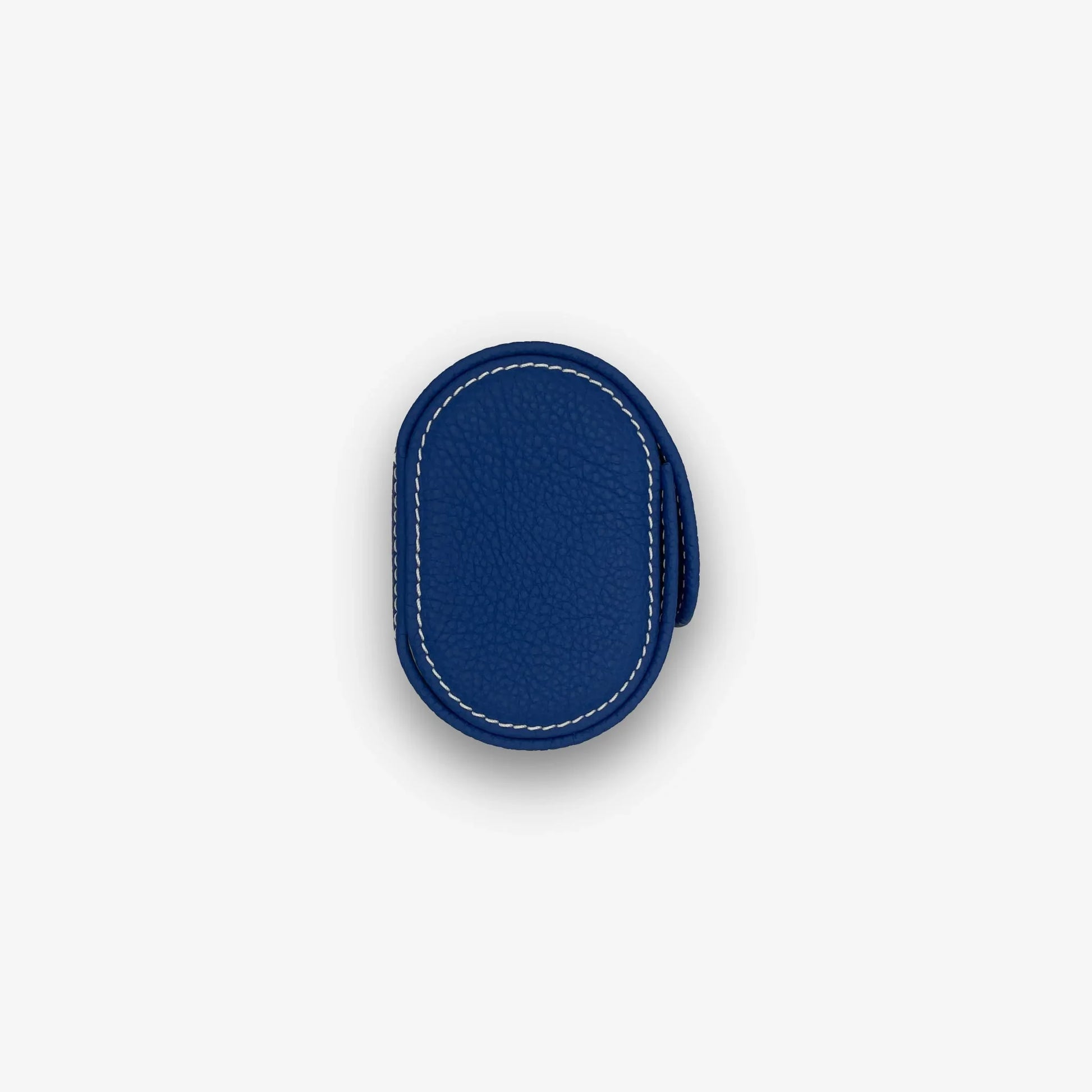 Seitenansicht einer blauen Uhrenrolle für 3 Uhren aus Leder mit heller Kontrastnaht